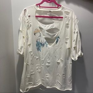 Emma & Sam Distressed White Short Sleeve Tee with Eagle Graphic